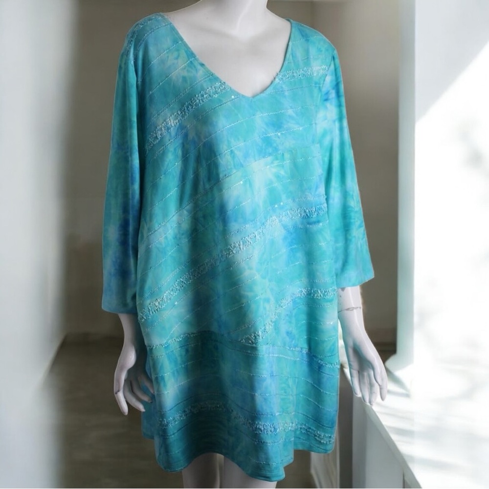 Catherines Aqua Blue Tie-Dye Top Plus Size 2X Sparkle Detail